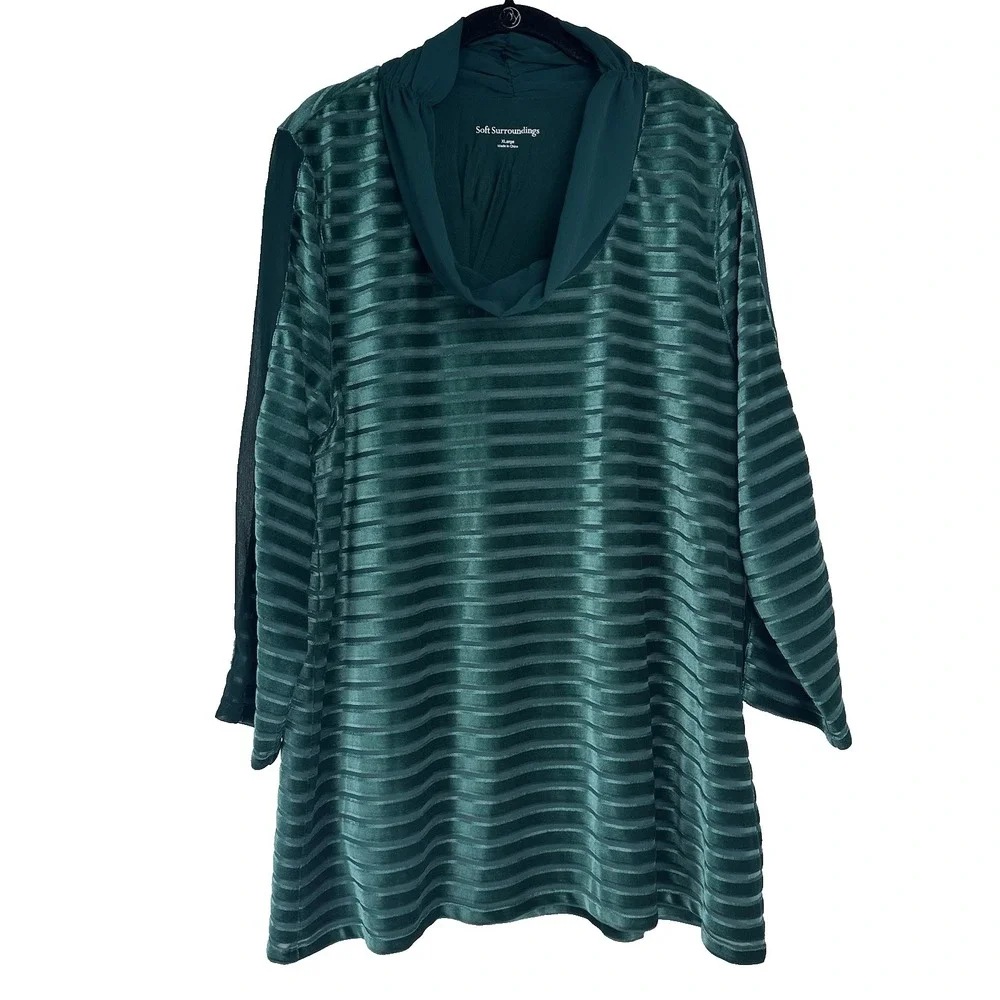 Soft Surroundings New Tunic Top Size XL‎ Teal/Green Velvet Burnout Striped Sheer